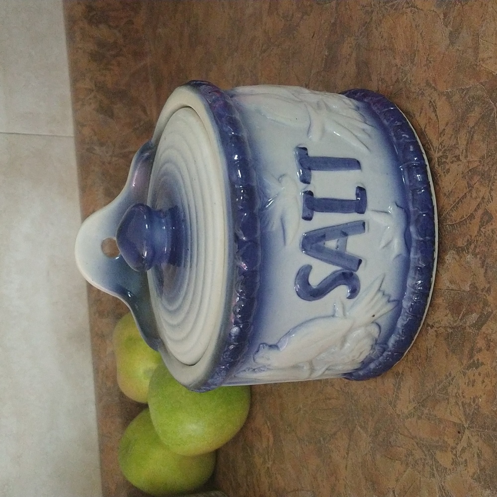 Antique Large Pottery Salt Cellar Blue & White Hand Painted Old World Kitchen